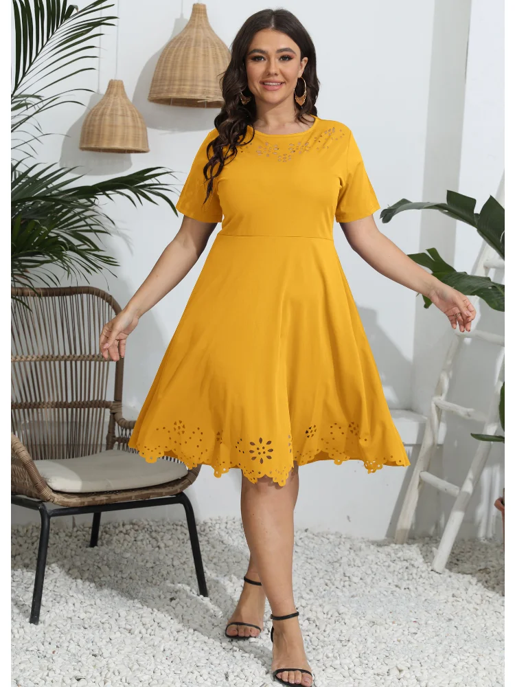 Women dress with burnt flowers, hollow waist, short sleeves and big swing skirt plus size feminino  party dress