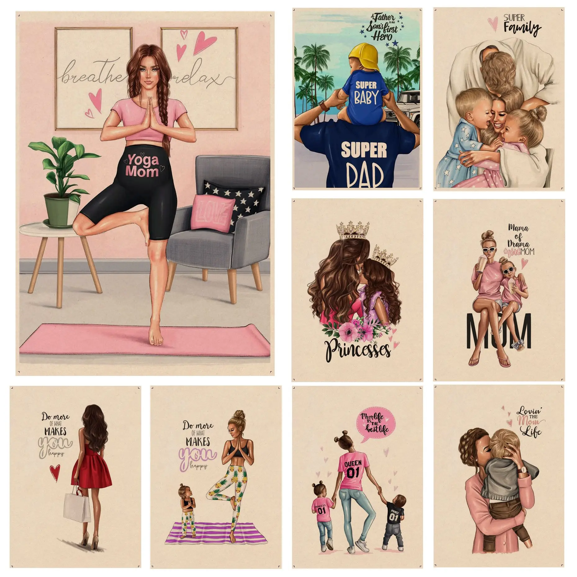 

Mother and Child Daily Life Art Retro Kraft Paper Poster Kraft Paper Sticker DIY Room Bar Cafe Stickers Wall Painting