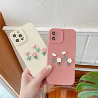 korean aesthetic 3d flower pink phone case for iphone 13 12 11 pro xs max x xr 7 8 plus se cute tulip soft silicone back cover