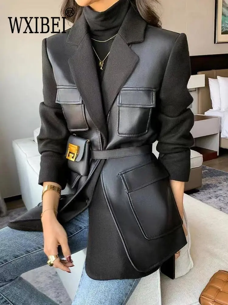 

WXIBEI Streetwear Black Blazer For Women Notched Collar Long Sleeve Patchwork Sashes Bag Solid Blazers Female Autumn Style FC230