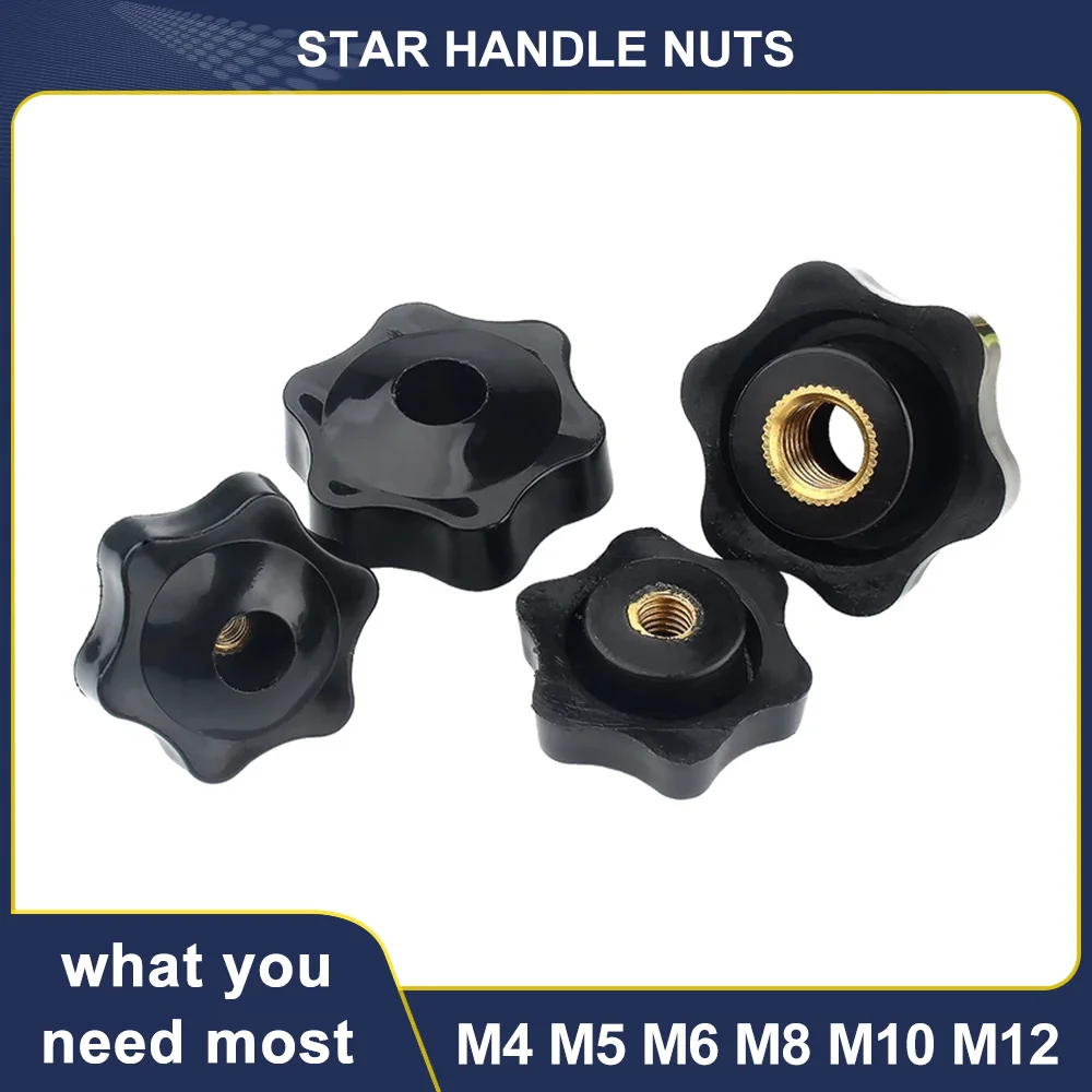 

M4 M5 M6 M8 M10 M12 Manual Nuts Clamp Knob Handle Plum Bakelite Hand Tighten Thread Star Black Thumb Clamping Through Blind Nuts