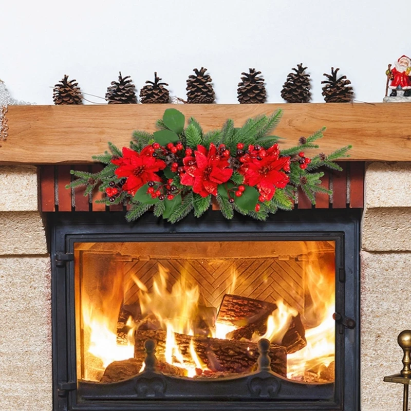 KX4B Праздничные гирлянды из сосновых шишек и ягод с цветочным акцентом для