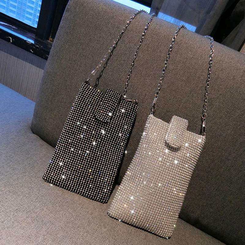 

Mini Shoulder Bags Girls Shiny Silver Rhinestone Crossover Purses Black Long Chain Crossbody Purses Bag for Mobile Phone Woman