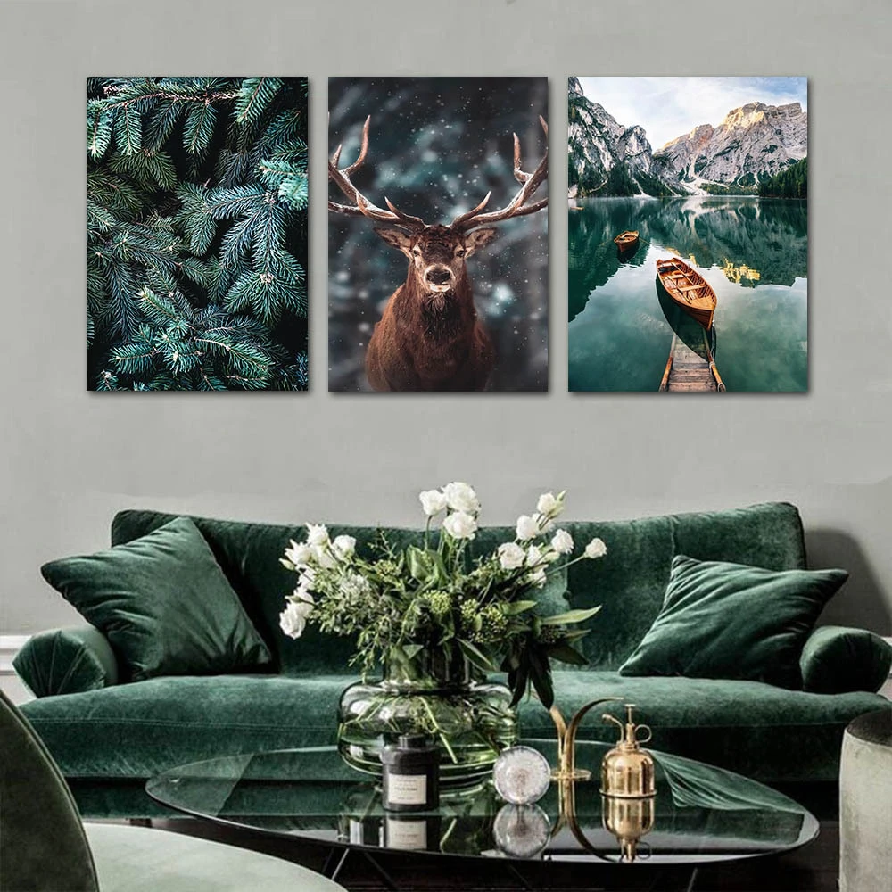 

Картина на холсте с природным пейзажем в скандинавском стиле, настенный постер с изображением снега, леса, оленя, озера, лодки, гор, украшени...