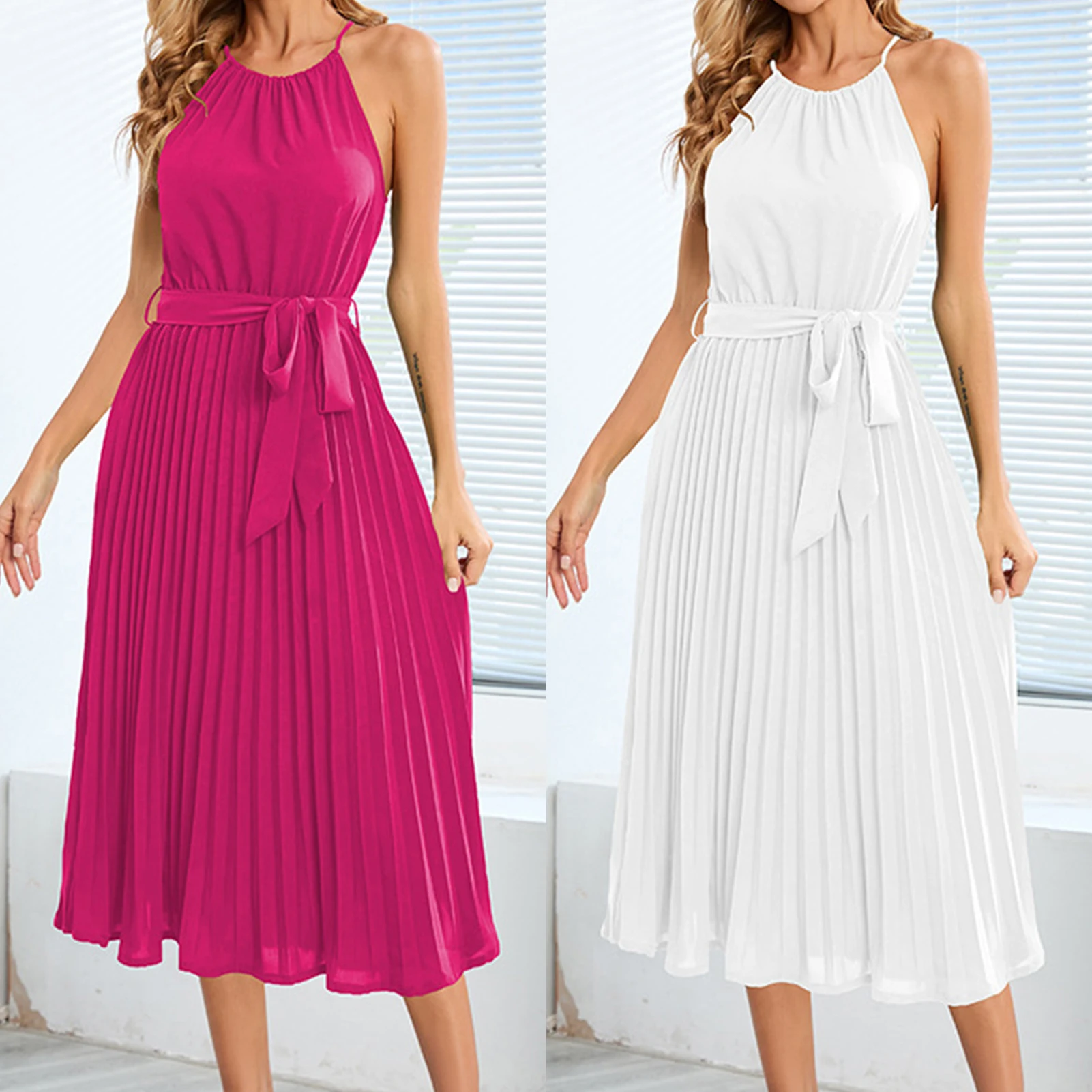 

Ladies Halter Dress Sleeveless Women Summer Long Dress Solid Color Pleated Dress Tie Up Elegant Style Loose Fit Daily Outfit