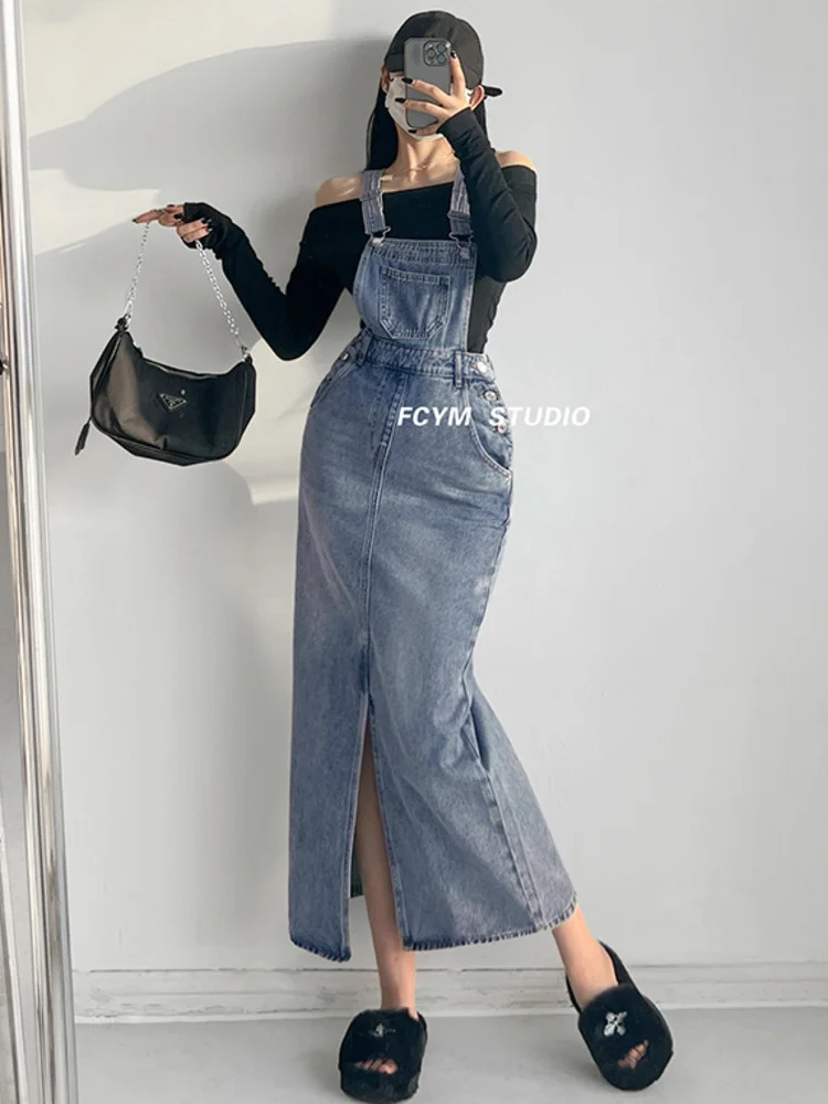 

Женское длинное джинсовое платье, повседневное свободное платье макси с разрезом и завышенной талией в американском стиле, P0FO