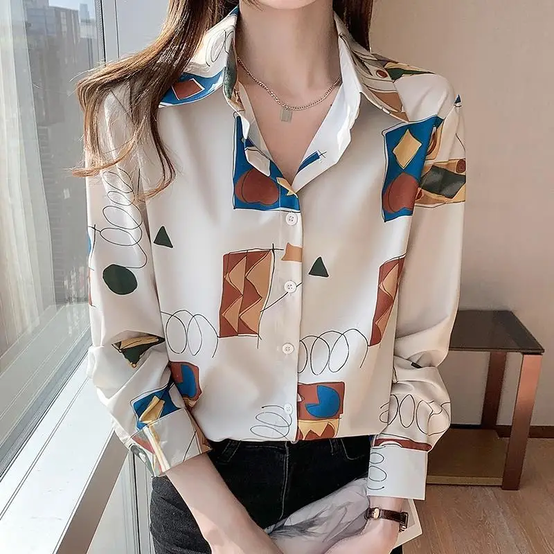

2023 Spring and Autumn Fashion Casual New Retro Lady Printed Shirt Loose POLO Collar Long-sleeved Top Female Blouse Leisure