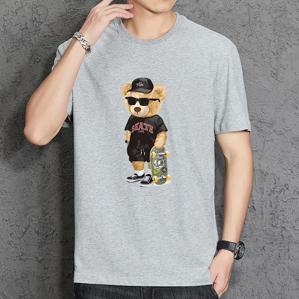 

Футболка мужская хлопковая с принтом «медведь с скейтбордом», дизайнерская Спортивная Удобная рубашка с круглым вырезом, большие размеры