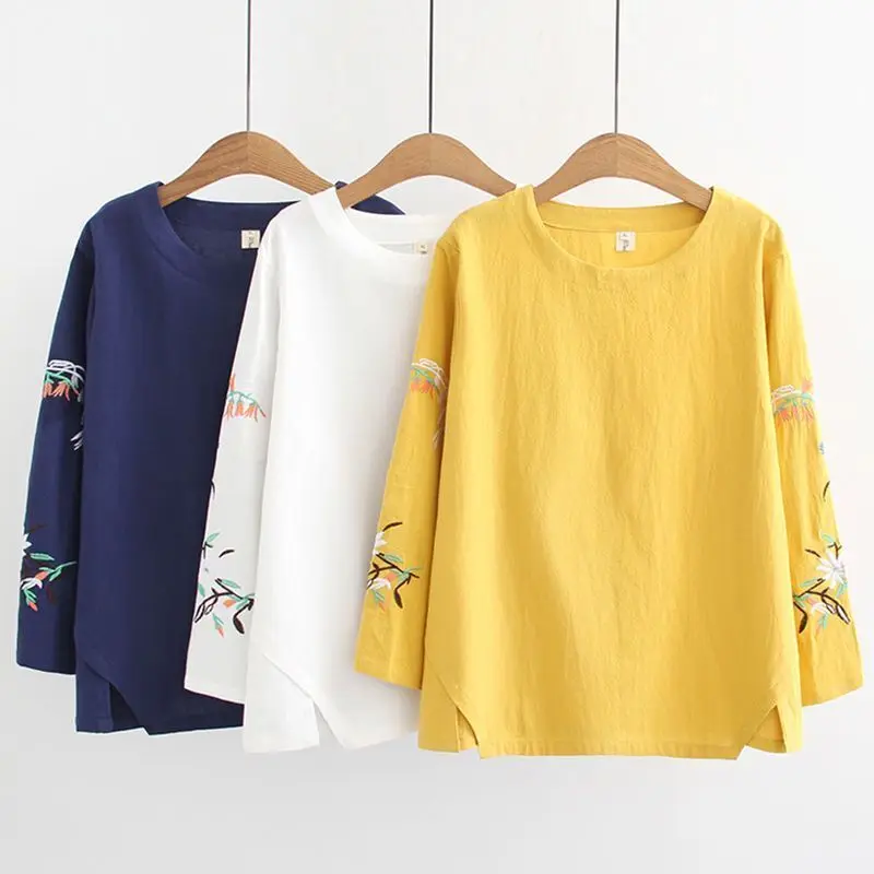 

Embroidery Blouse Women Linen T Shirt Long Sleeve Ladies Plus Size Top Tunics O Neck Solid Color Casual Clothes 2022 Autumn New