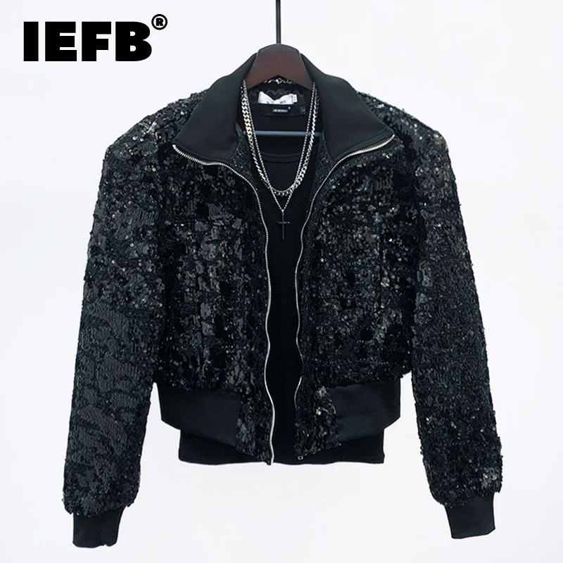 

IEFB 2023 Spring Korean Chic Men's Short Jacket Sequins Design New Turn-down Collar Solid Color Zipper Male Coat Pocket 9A6899