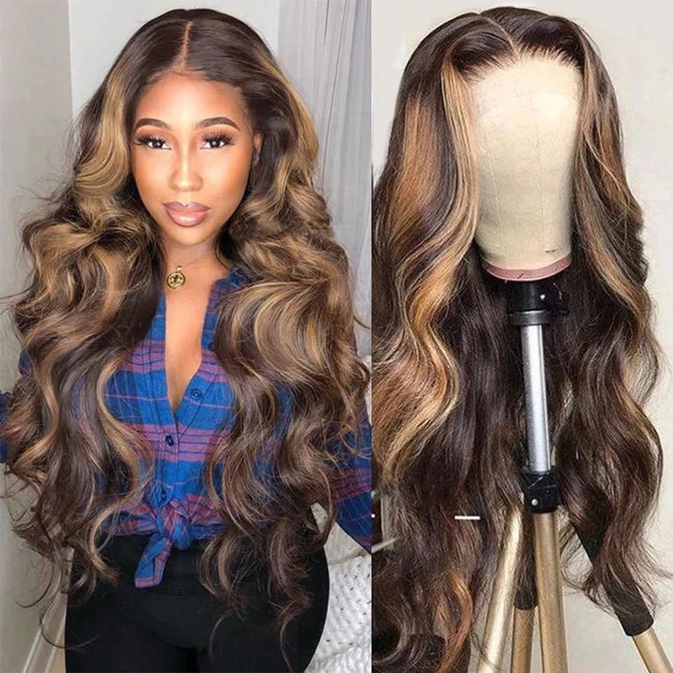 HD Body Wave Highlight Wig Lace Front Human Hair Wigs Honey Blonde Colored Human Hair Wigs For Women Lace Frontal Wig PrePlucked