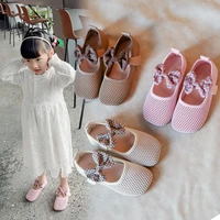 2022 spring hollow with bow cute princess children versatile non slip mesh square toe girls flat soft casual shoes kids fashion