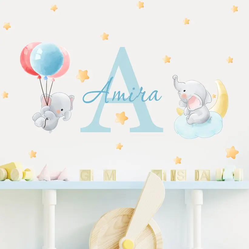 

Custom Name Cute Elephant Air Balloon Stars Wall Stickers Watercolor Nursery Vinyl Wall Decals for Kids Girls Boys Room Decor