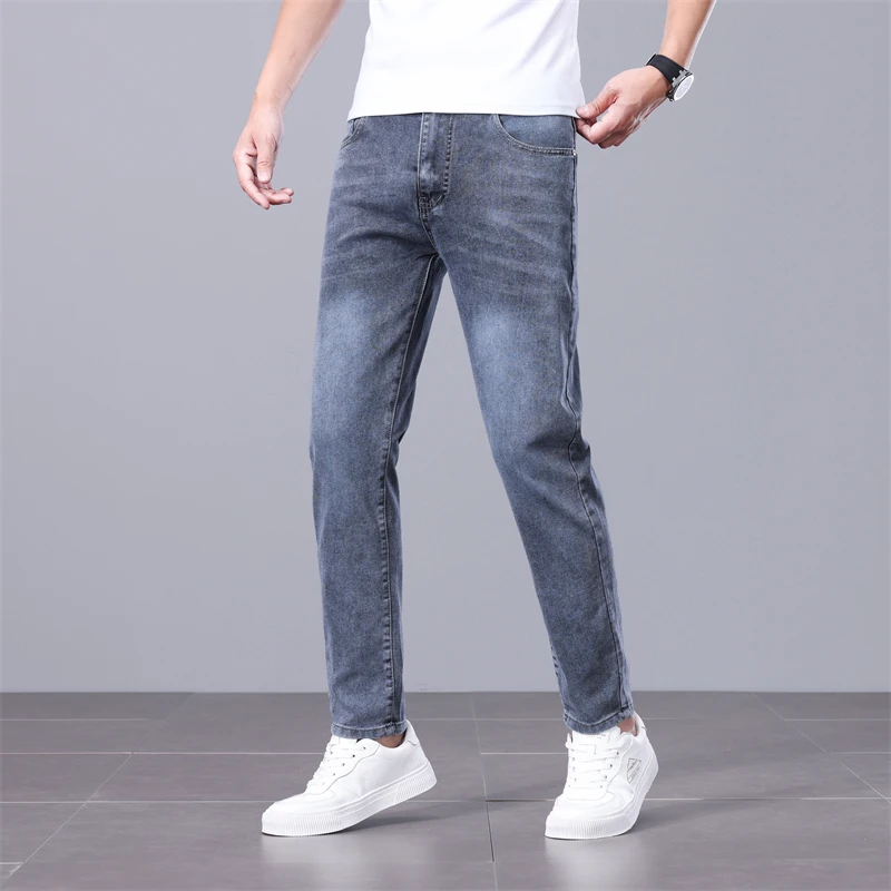 Smoky Grey Sraight Trousers Men's New Jeans Men Elastic Slim Small Straight Trousers Men's Simple Fashion Casual Jeans