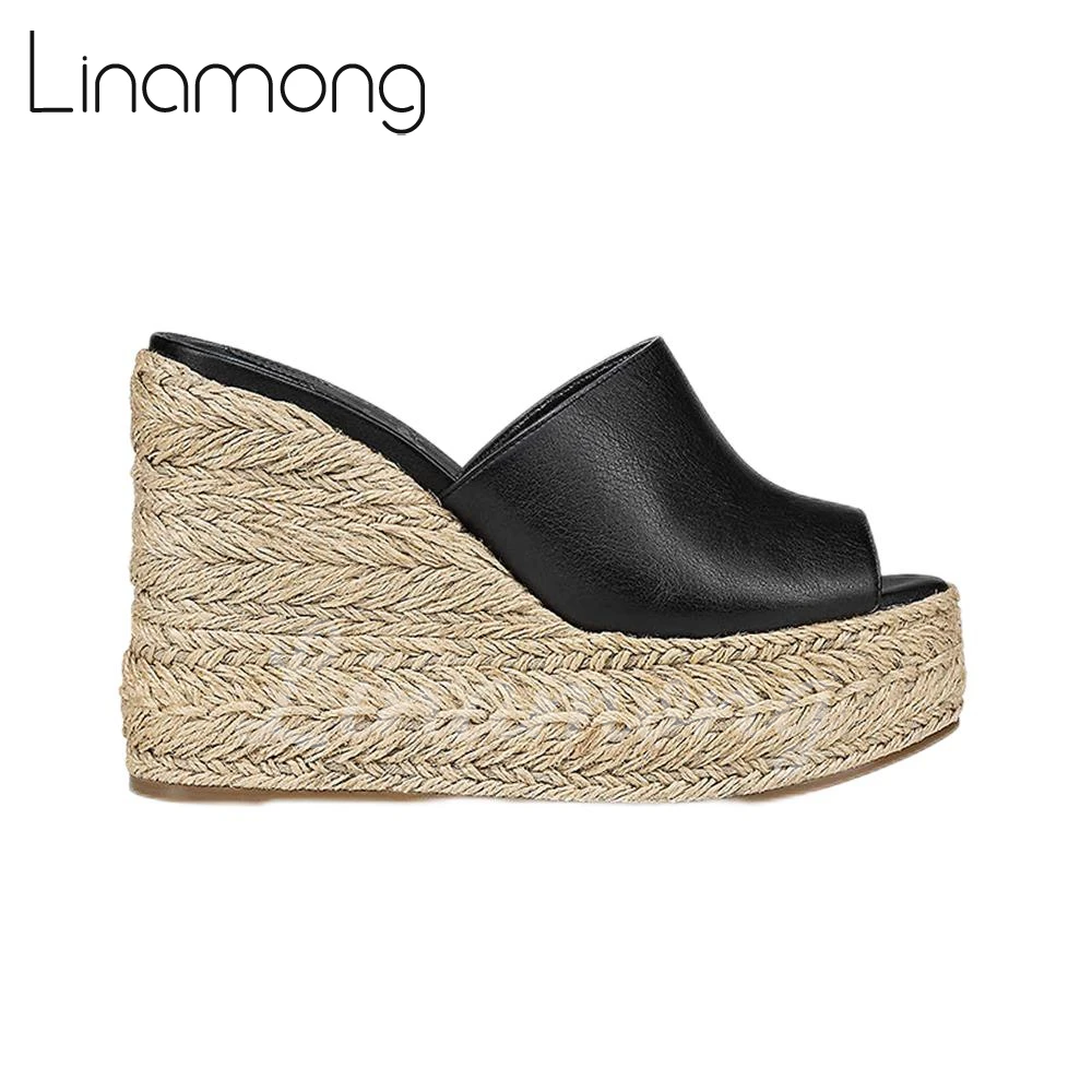 Solid Color Leather Espadrilles Slippers Peep Toe Slip On Summer Shoes for Women Black Brown Leather Concise Platform Sandals