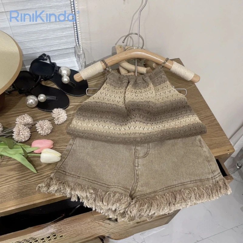 

2023 Summer Korea Baby Girls Suit Sleeveless Knit Tops Demin Shorts Girls 2Pcs Children Clothing Sets Toddler Clothes