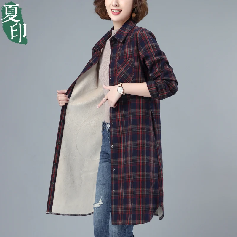 Клетчатые рубашки на флисовой подкладке женские осенне-зимние свободные