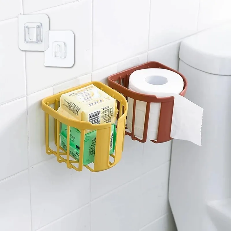 

New Punch-Free Hooks Shelf Set Toilet Paper Bathroom Tissue Box Wall-Mounted Wall Sticky Paper Storage Toilet Roll Paper Holder