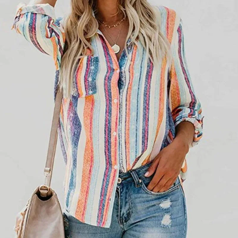 

Женская блузка в полоску, с отложным воротником, на пуговицах