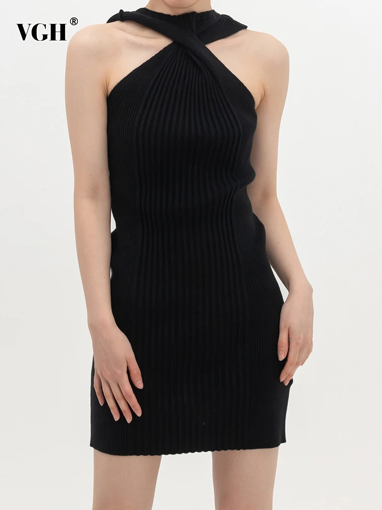 

VGH Sexy Solid Knitting Slim Dress For Women Cris Cross Round Neck Sleeveless High Waist Mini Dresses Female Korean Fashion New