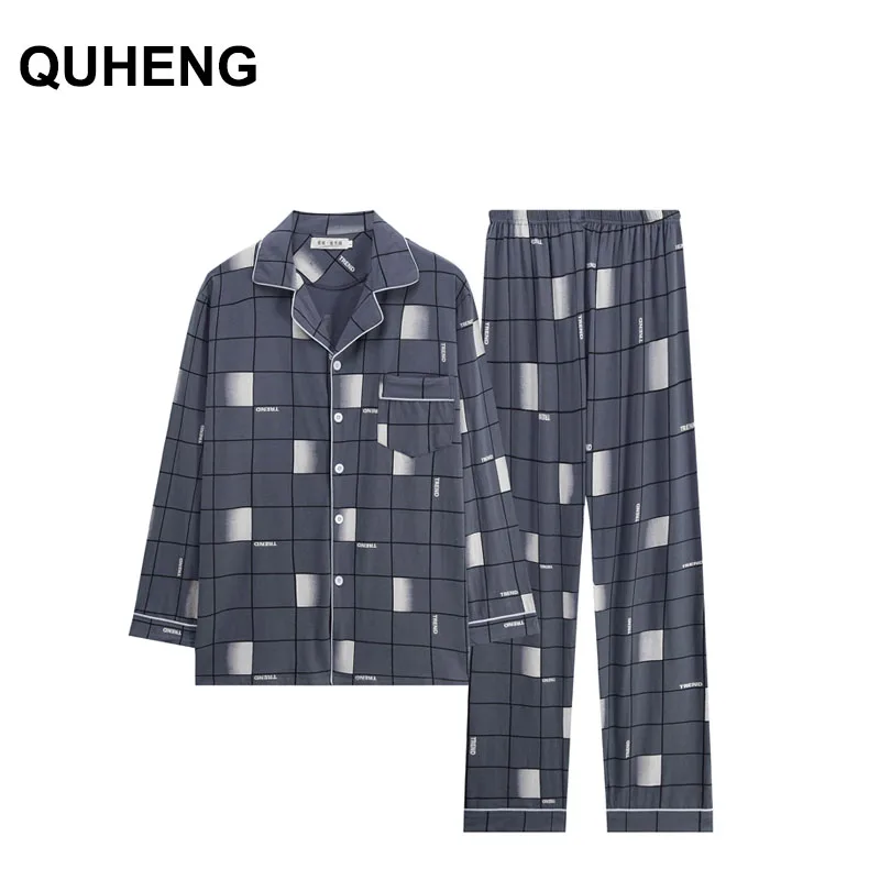 

QUHENG Casual Lattice Cotton Pajama Sets for Men Long Sleeve Long Pants Sleepwear Pyjama Male Homewear Lounge Wear Clothes Suits