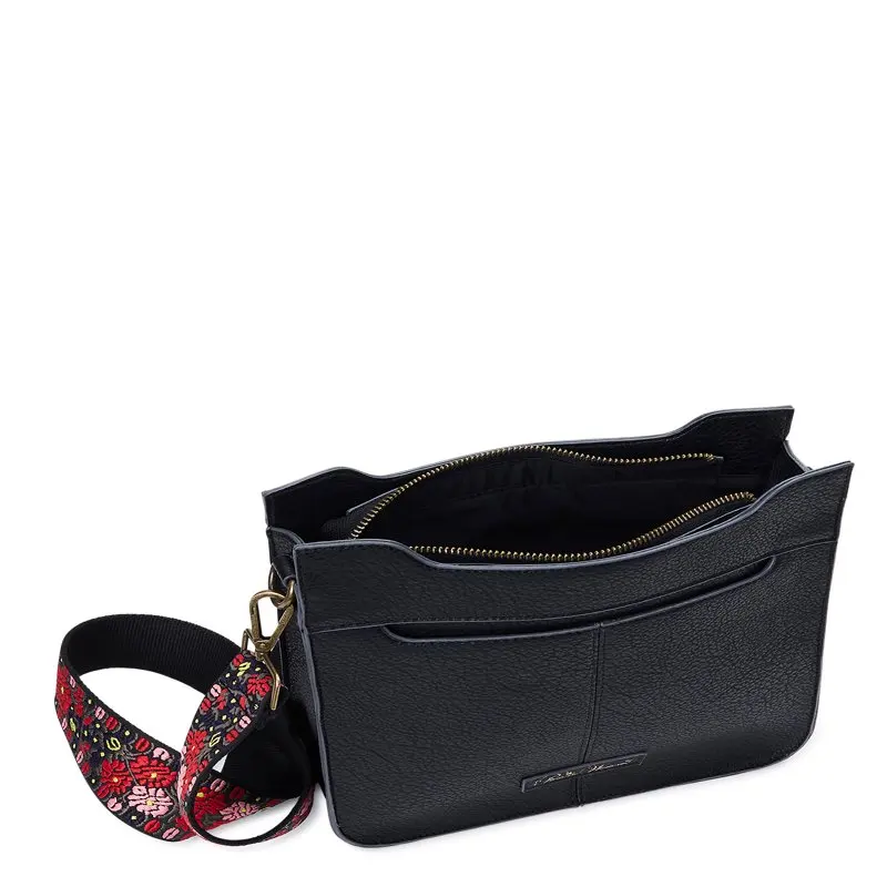 Josie Women's Medium Crossbody Handbag with embroidered strap, Black