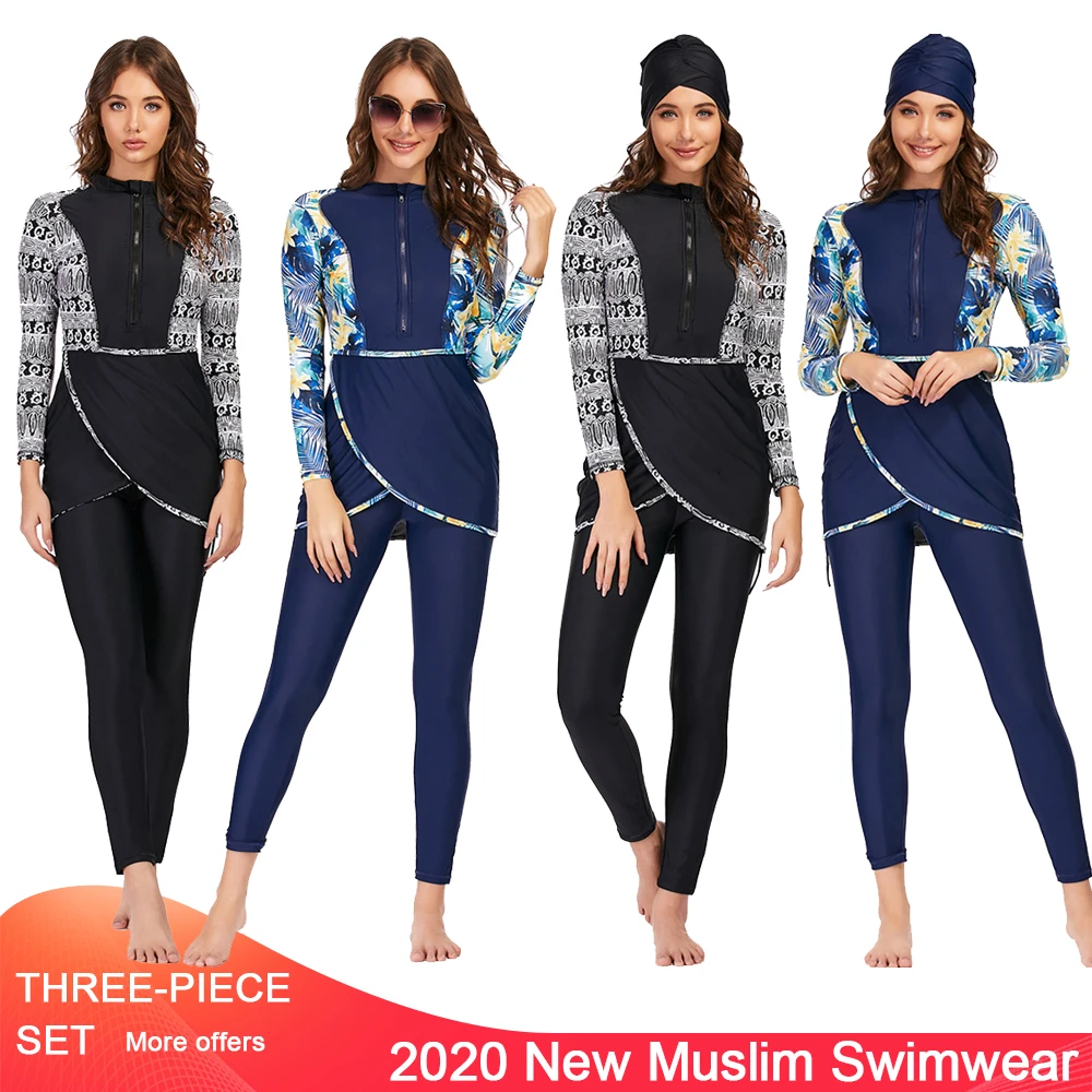 3PCS Muslim Swimwear Women Modest Patchwork Hijab Long Sleeves Sport Swimsuit Islamic Burkinis Wear Bathing Suit With Chest Pad