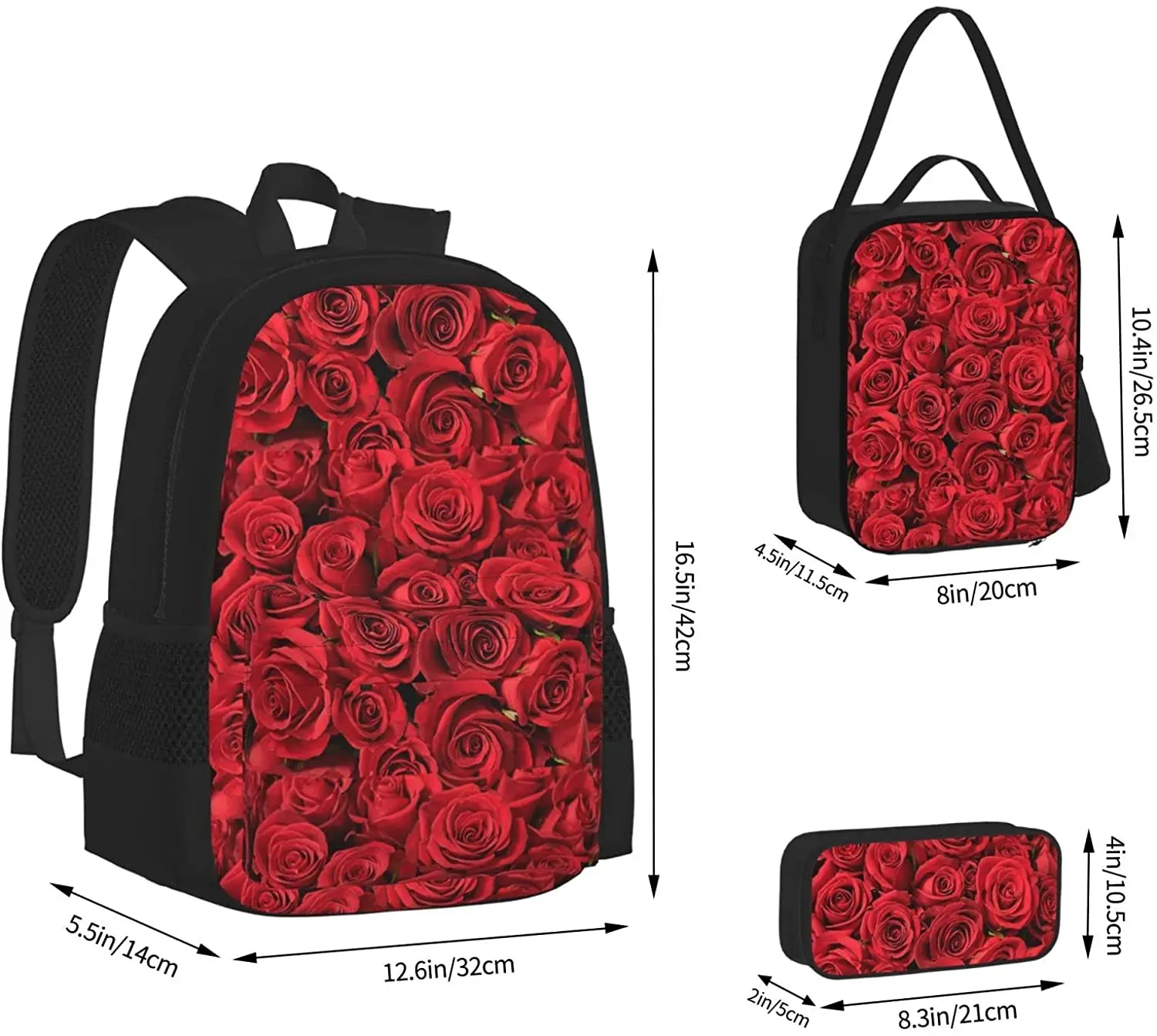 3Pcs Red Rose Backpack Set with Lunch Box Pencil Case, School Book Bag for Preschool Kindergarten Elementary Kids Boys Girl