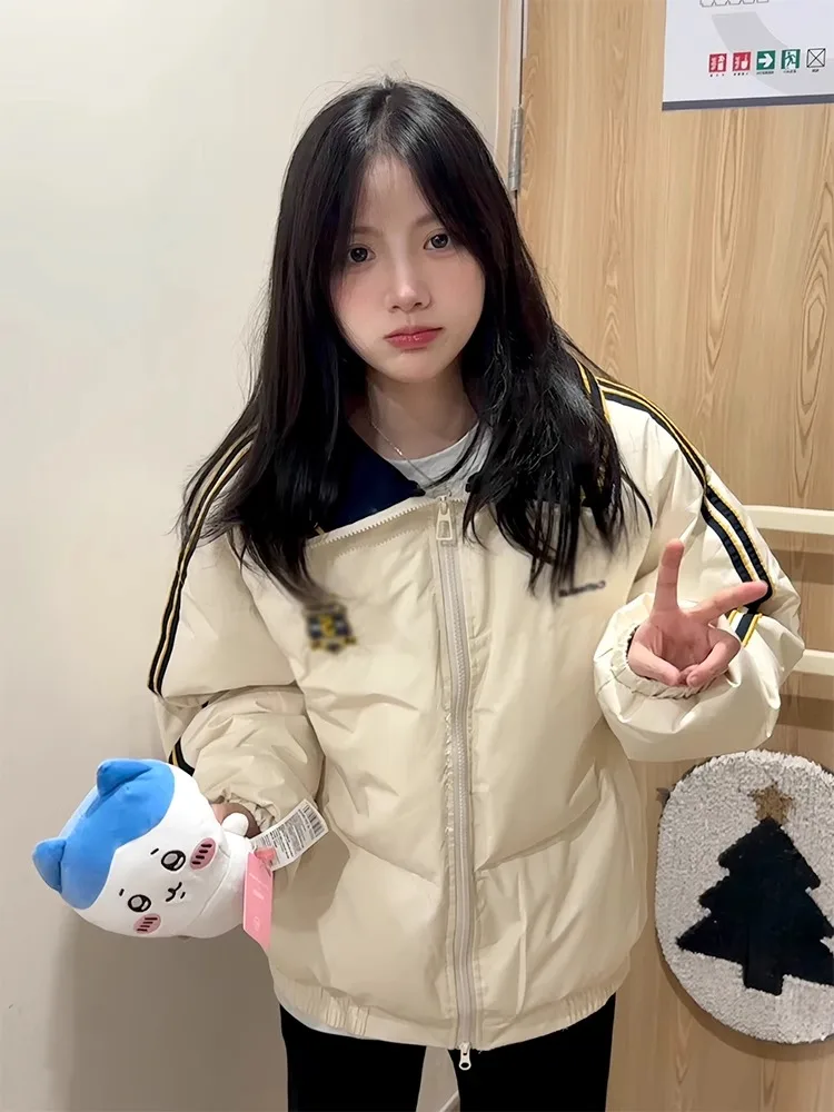 Ins Повседневное утолщенное пуховое пальто в американскую полоску Верхняя одежда