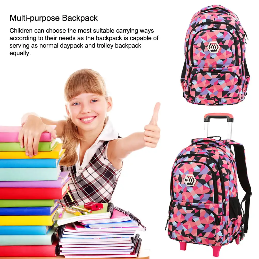 Little Girl Wheeled Backpack Adorable Rolling Daypack Large-capacity Trolley School Bag Travel Rolling Backpacks for Primary Sch