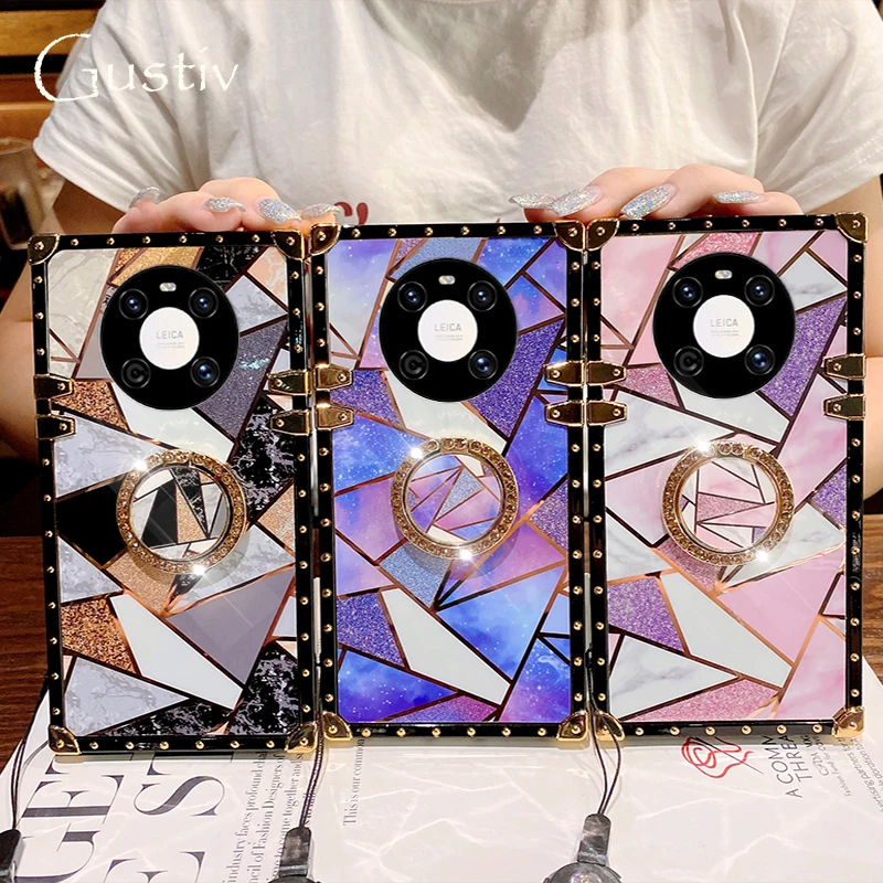 

Luxury Glitter Gold Splicing Lanyard Phone Case For Huawei Mate 60 50 40 30 Pro P50 P40 Golden Plaid Cover For Huawei Mate20RS