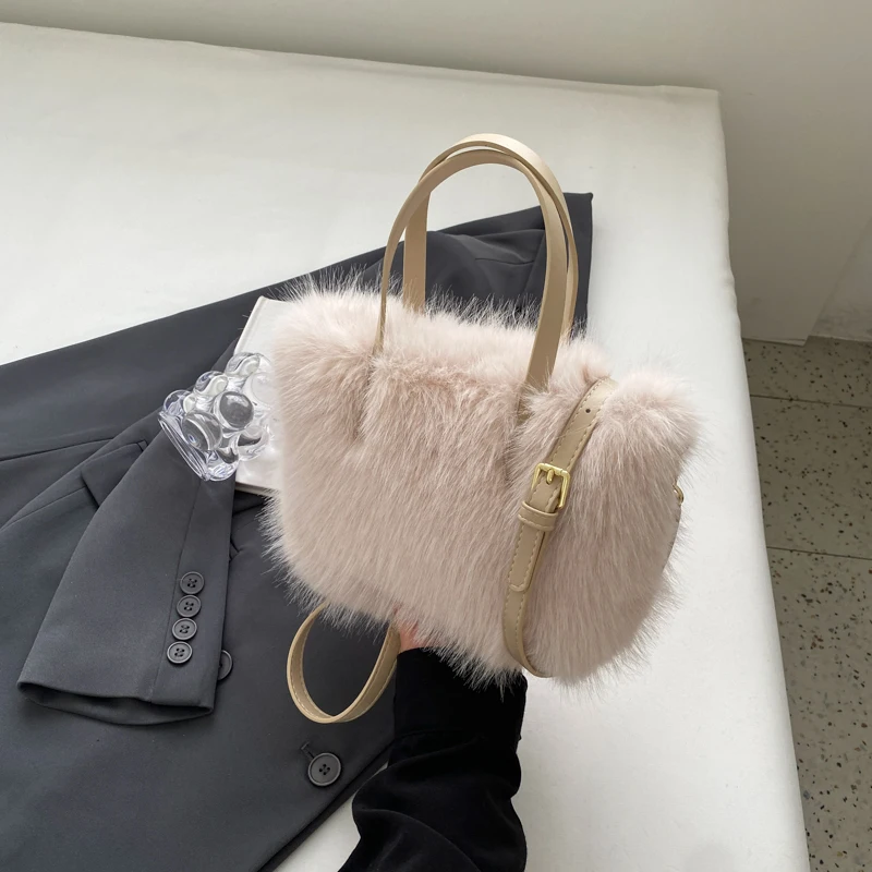 

New Faux Fur Handbags for Women Warm Plush Tote Bag Shopping Bag Wallets Winter HandBag Shoulder Bag Ladies Female Casual Purses