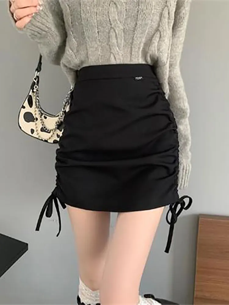 

Oversize Mini Skirt Women High-waist Solid Drawstring Half-length Skirt Female Slim Folds Bag Hip 2022 Spring/summer New Fashion