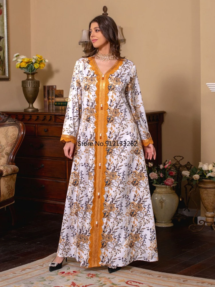 2023 Summer Muslim Women Fashion Long Sleeve V-neck Printing Polyester Orange Long Abaya Muslim Dresses Abaya Dress