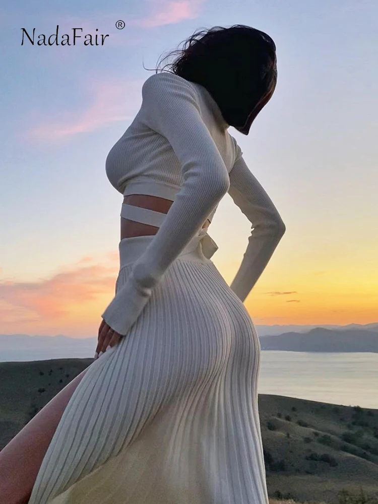 

Nadafair трикотажная Осенняя элегантная облегающая футболка с круглым вырезом, плиссированная юбка средней длины, повседневный Женский компле...