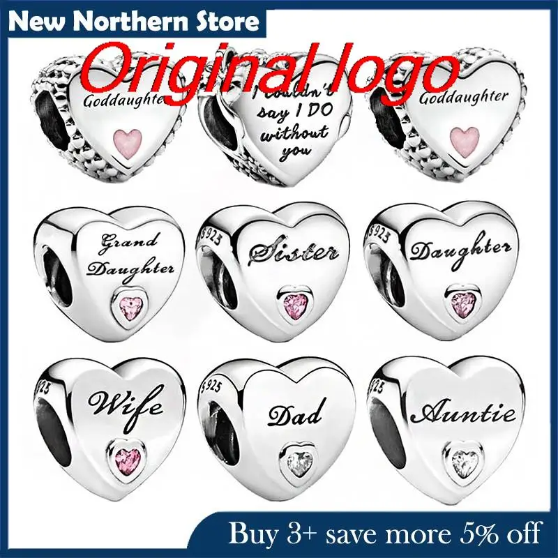 

925 Sterling Silver Heart Shape Mom Siester Charms Beads Fit Original Pandora Bracelet Silver Jewelry Making 49 Types Available