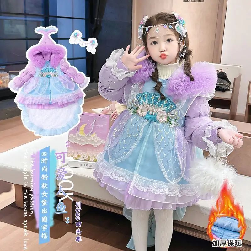 Фото Kids Clothes Warm Warm Winter Thick Baby Girls Spanish Lolita Christmas Sweet Princess Ball Gown Layered Snow Long Jacket Coat №5