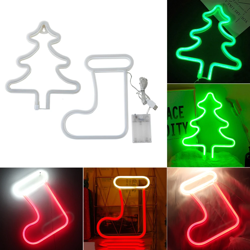 

New Christmas Neon Lights Christmas Tree Stockings Neon Signs Night Light Xmas Party Home Decoration Wall Decor USB