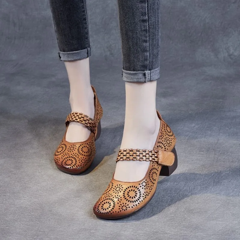 

YourSeason Summer Ladies Hollow Breathable Shoes Genuine Leather Women Vintage Comfortable Round Toe Sandals Med Heels Pumps