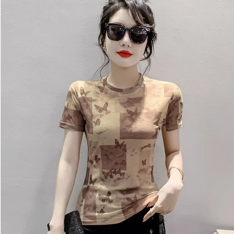 # 7174 летняя футболка с коротким рукавом женская узкая сетчатая принтом бабочки
