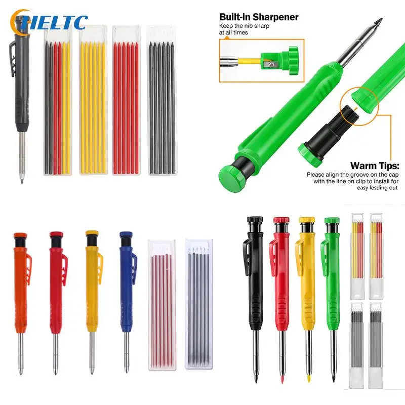 

New Woodworking Marking Pen Solid Carpenter Pencil Built-in Sharpener Mechanical Pencil Marking Tool 6Refill Leads For Architect