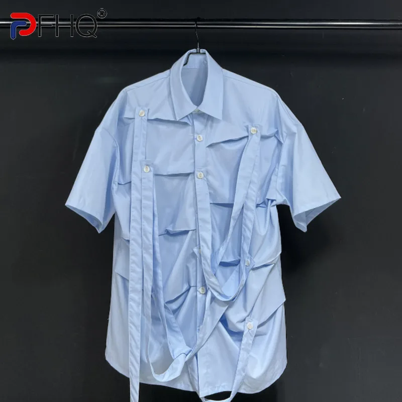 

PFHQ 2023 Summer New Fashion Casual Ribbon Shirts For Men Short Sleeve Single Breasted Loose Men's Blouse Clothing Tide 21F3736