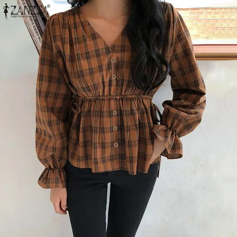 

ZANZEA Women Vintage V Neck Long Sleeve Tops Retro Ruffles Shirt Spring Plaid Checked Blouse Chemise Drawstring Party Blusas