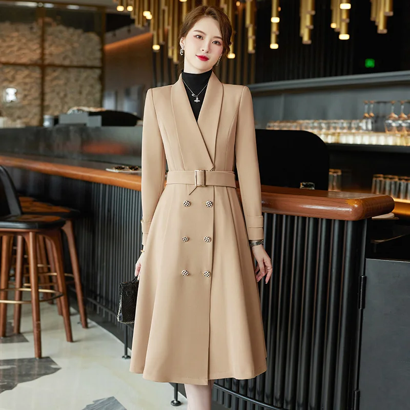 

Quality Korean Winter Autumn Windbreaker Lapel Double Breasted Belt Female Women Long Over Knee Trench Coat Khaki Frenc Overcoat
