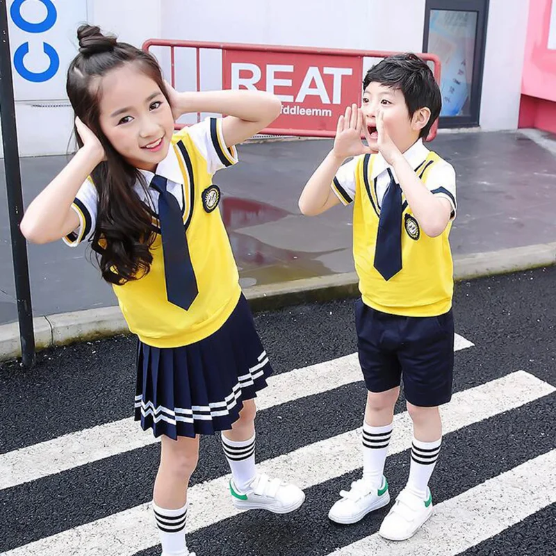 

Colors Children Cotton Korean Japanese Student School Uniforms Girls Boys Kid Collar Shirt Top Pleated Skirt Shorts Tie Outfits
