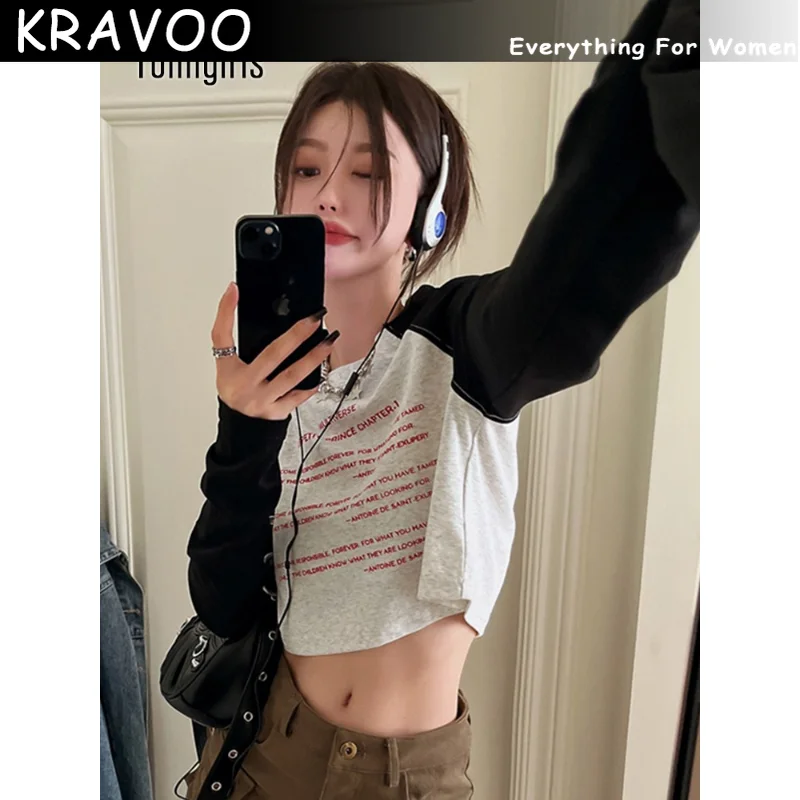 

KRAVOO Y2k Vintage T Shirt Women Patchwork Print Letter Crop Tops Streetwear American Retro T-shirt Female Autumn Tee Tops