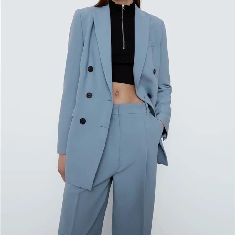 

Женский комплект из двух предметов, однотонный Двубортный повседневный блейзер и прямые брюки с высокой талией, простой офисный пиджак