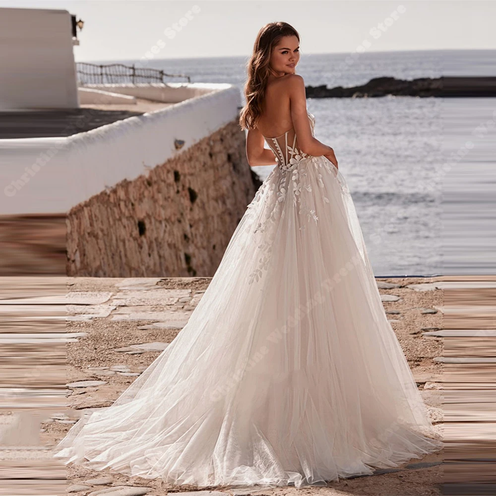 Фото Elegant A-Line Women Wedding Dresses Lace Flower Printing Bridal Gowns Ball Vestidos De Casamenro Linha A Brilhante Customized №2