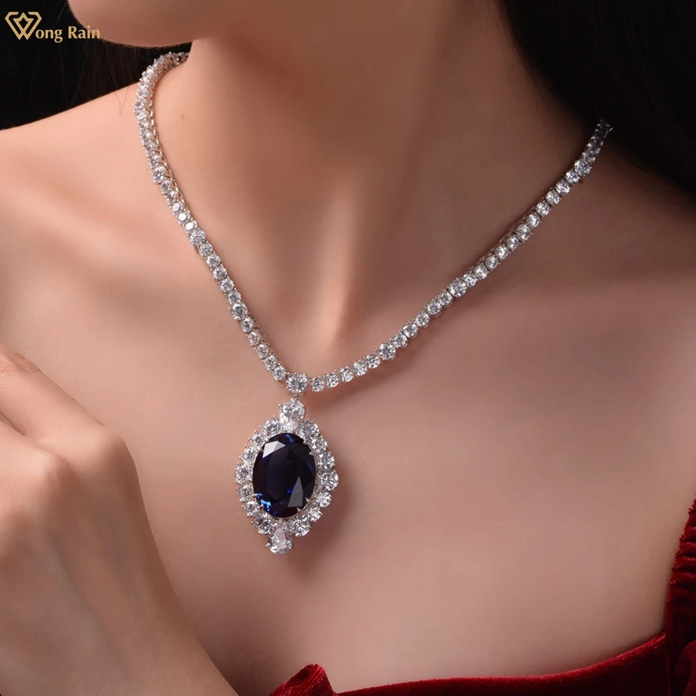 

Wong Rain Classic 100% 925 Sterling Silver Oval Cut Sapphire Created Moissanite Gemstone Pendant Necklace For Women Fine Jewelry