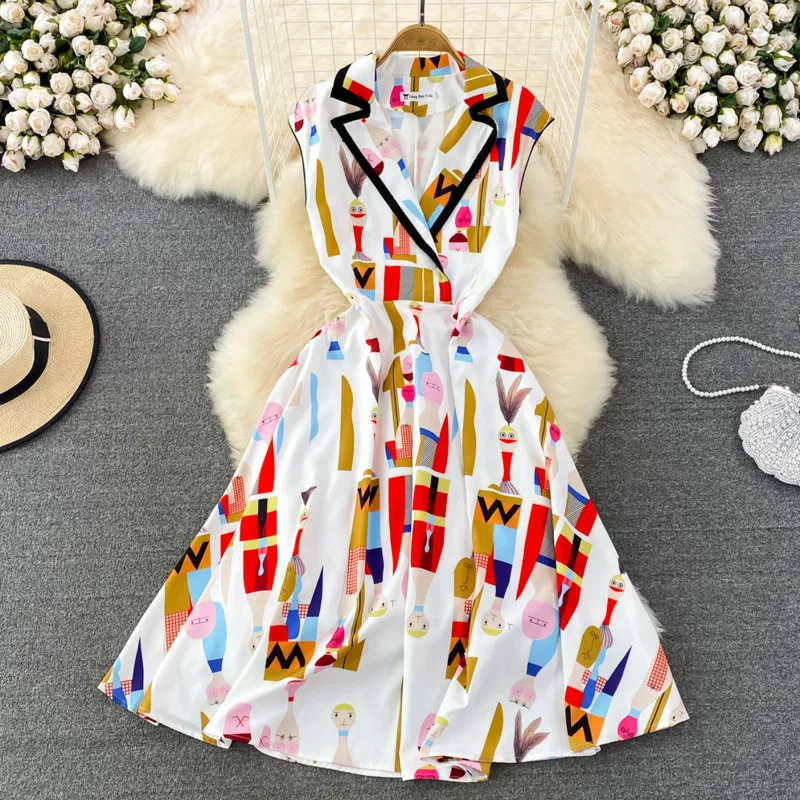 

Summer retro high-end light luxury temperament suit collar waist slim mid-length printed a-line swing dress